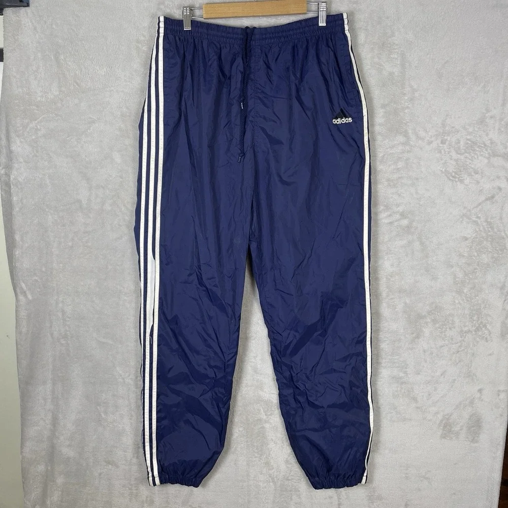 Vtg 90s Adidas Track Pants Men XL 3 Stripe Windbreaker Zip Ankle Logo Drawstring